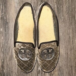 Tory Burch silver driving slippers